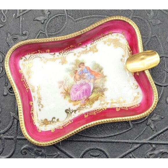 VTG Limoges France Porcelain Ashtray Tobacciana Collect Fragonard Love Couple - Picture 1 of 10